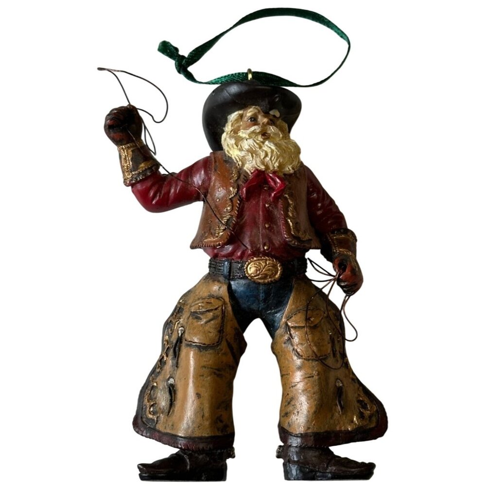 Cowboy Lasso Santa Claus Ceramic Christmas Tree Ornament Multicolored 4.25" Tall